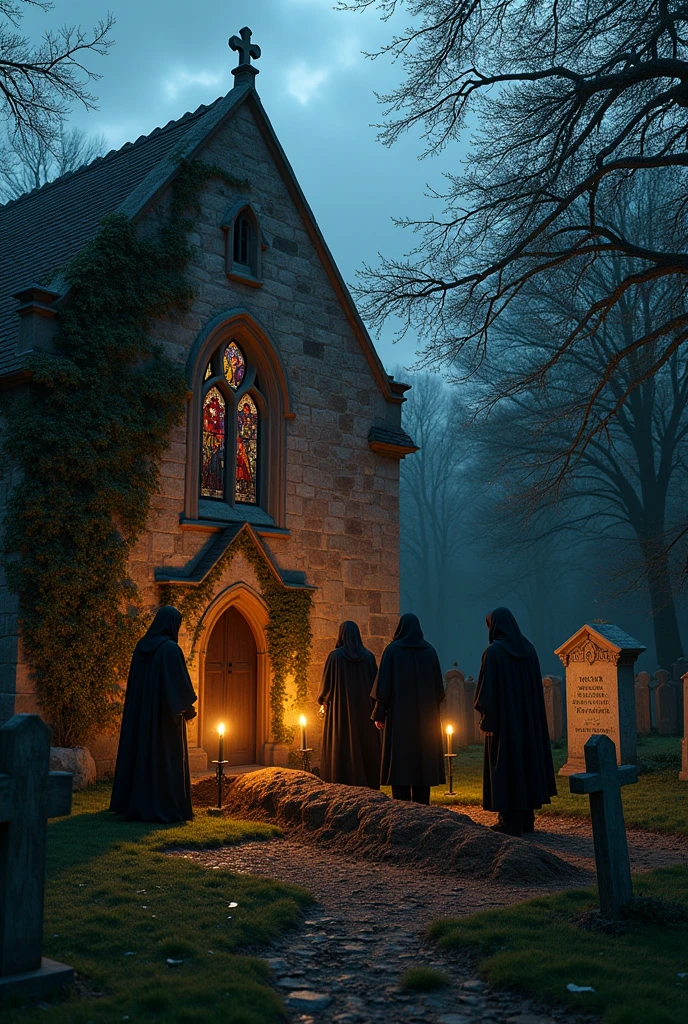 A burial next to a chapel and tombs
