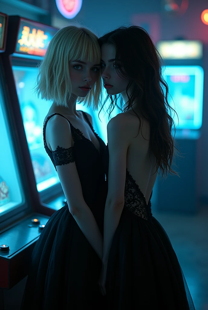 Imagem dark fantasy, blonde girl with shoulder length hair, greeneyes, dark blue, in an arcade, with a dark brown hair on the shoulder, black outlined, black gown, hugging.