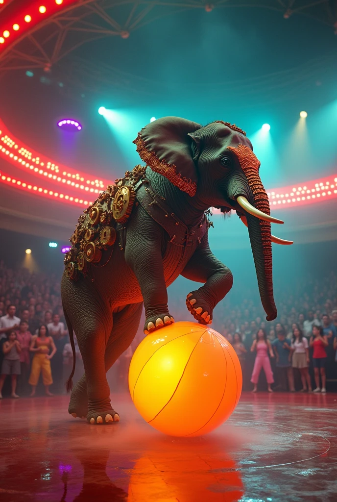 Surreal, steam-powered animals performing in a 1960s circus ring, surrounded by glowing neon patterns
