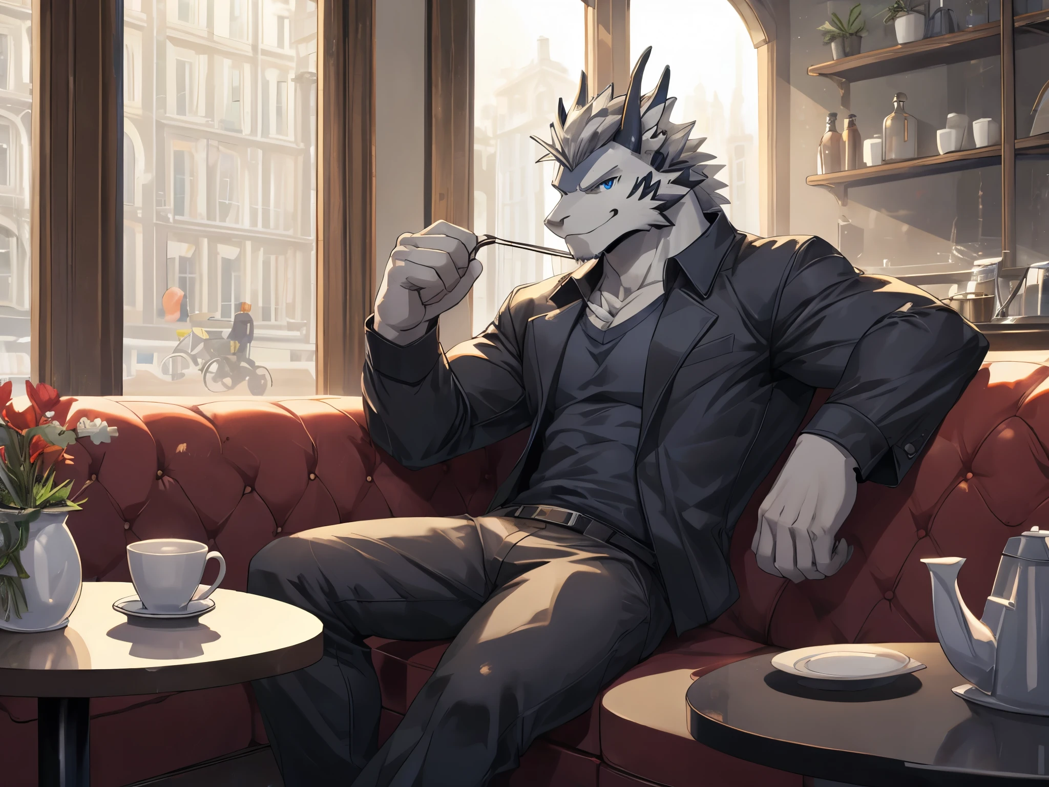 Masterpiece, Solo, Furry Gray Dragon, Blue Eyes, Medium Gray Hair, Muscular Body, Cool Pose, Handsome, Good Looking, Adult, Fierce, Smirking, casual clothes, sitting in sofa near windows, cafe background 