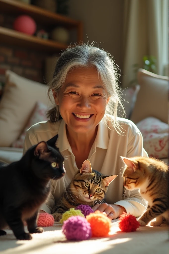 Half aged woman, oriental traits,yellow teeth and three cats
