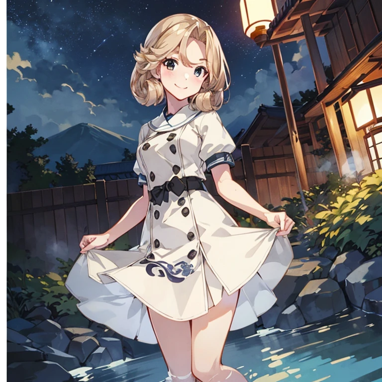 JanusKC, (Janus) dress
,(masterpiece:1.4),(best quality:1.4), (premium:1.4), (great illustration:1.4), (ultra-detailed:1.4),(art CG, 8K), KonishiCSA,1girl,solo,
 full body,Starry Sky,blush,smile,onsen,
