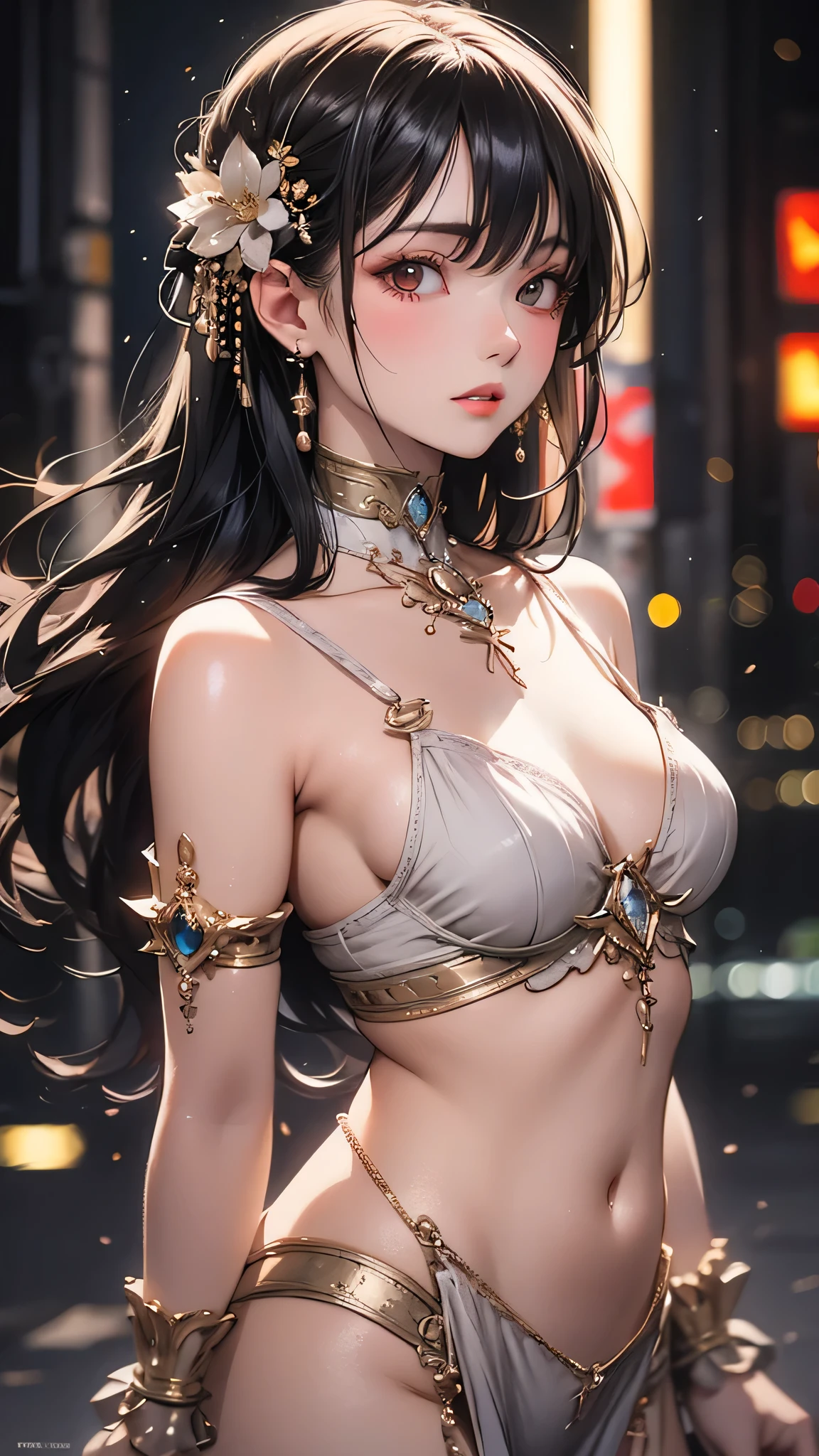 (One person:1.3), alone, Delicate and realistic skin, Fine skin, Mid-chest, Official Art, Unified 16k wallpapers, Super detailed, beauty and aesthetics, beauty, masterpiece, Highest quality, In Cyberpunk City, Great atmosphere, A calming color palette, Peaceful mood, Soft Shadows, Glamour