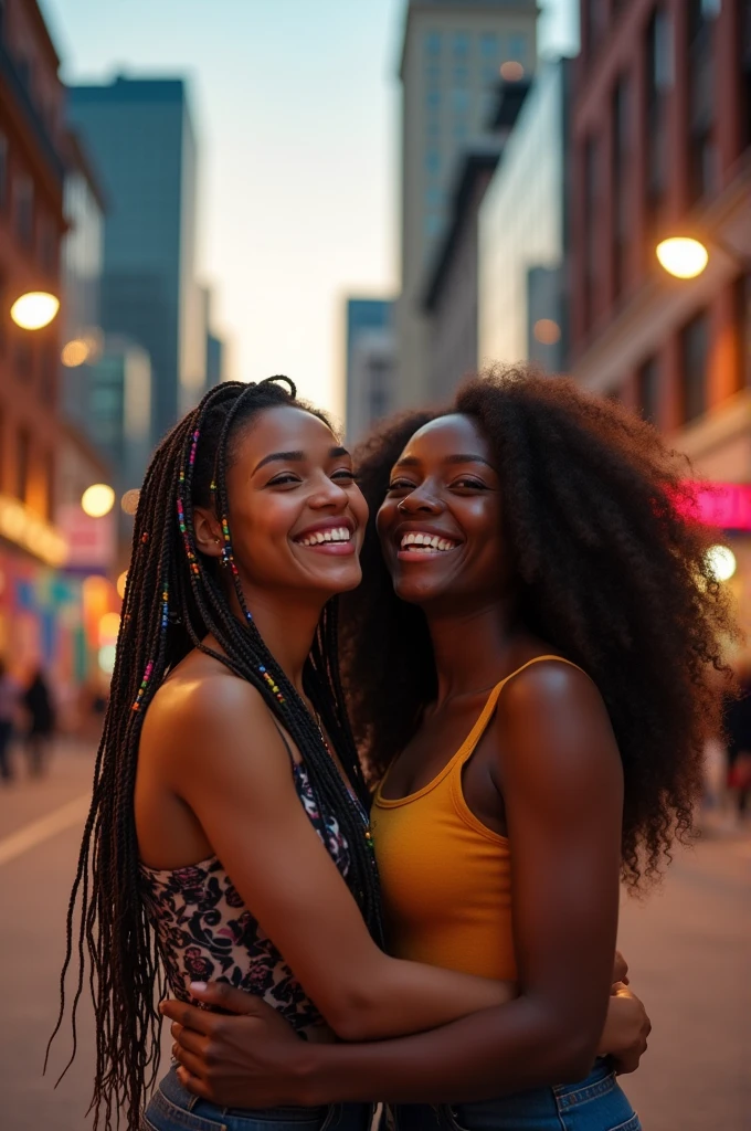 Two black women happily hugging each other and a city background