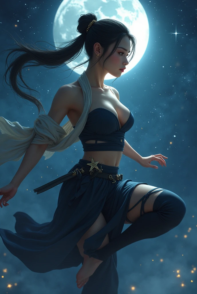 Highest quality, Realistic, Very detailed, finely, High resolution, 8k、Ninja、Tie your hair、Moonlight、fly in the sky、Double teeth、A face with dimples、Beautiful clavicle、Beautiful inner thighs、Delicate eyes、Facing forward、Shuriken in the inner thigh、Torn clothes、Belly piercing