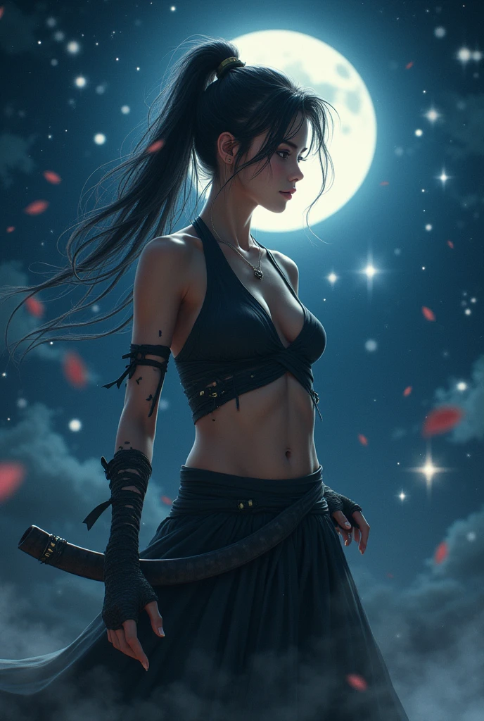 Highest quality, Realistic, Very detailed, finely, High resolution, 8k、Ninja、Tie your hair、Moonlight、fly in the sky、Double teeth、A face with dimples、Beautiful clavicle、Beautiful inner thighs、Delicate eyes、Facing forward、Shuriken in the inner thigh、Torn clothes、Belly piercing