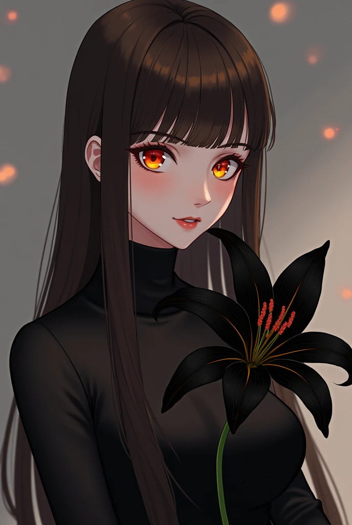 anime style,young adult woman, with the right eye red and the left eye yellow, narrow eyes, long hair and straight dark brown bangs, black elegant clothes.
She has an elegant pose and is holding a black lily flower..
Whole body.
