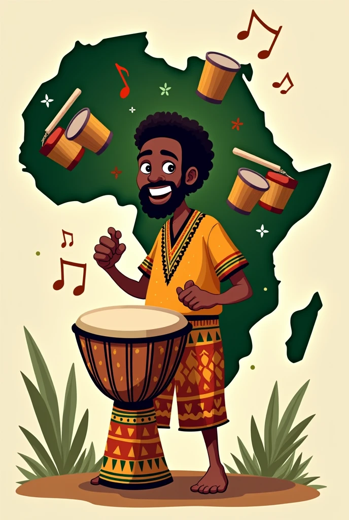 Peux tu me faire une affiche avec un homme africain pour des cours de percussion, j aimerai que fe soit en mode dessin animé avec la carte d afrique. Rajoute des tam-tam. 