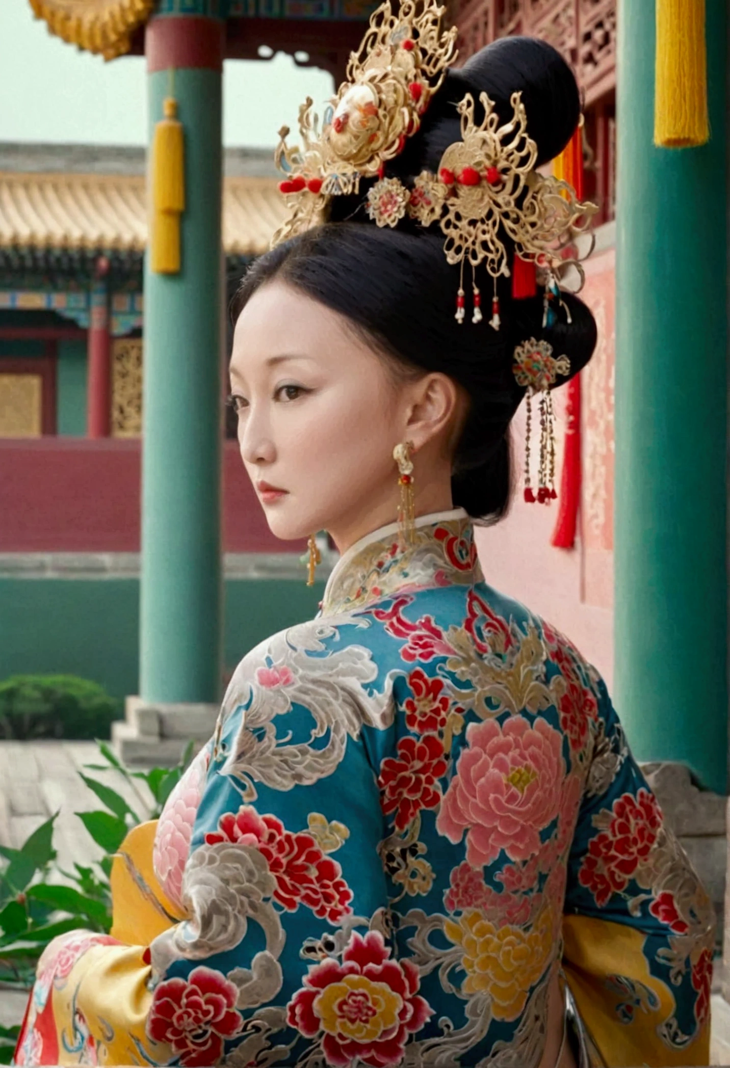A naked woman from the Qing Dynasty has rather large breasts and her buttocks are sticking out, as seen from her profile., The background is outside the Qing Dynasty Palace