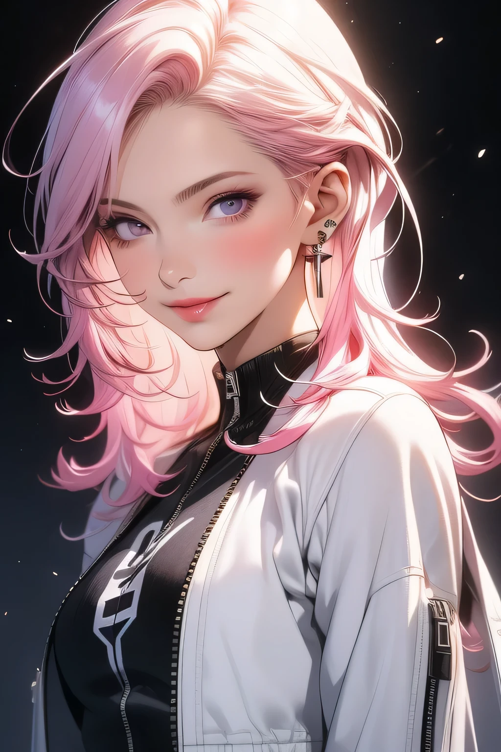(masterpiece, Best quality), complex parts, thin, ((slim)), beautiful girl, light pink hair, White skin, light purple eyes, sharp jawline, cropped jacket, dirty hair, lips, upper body, Smirk