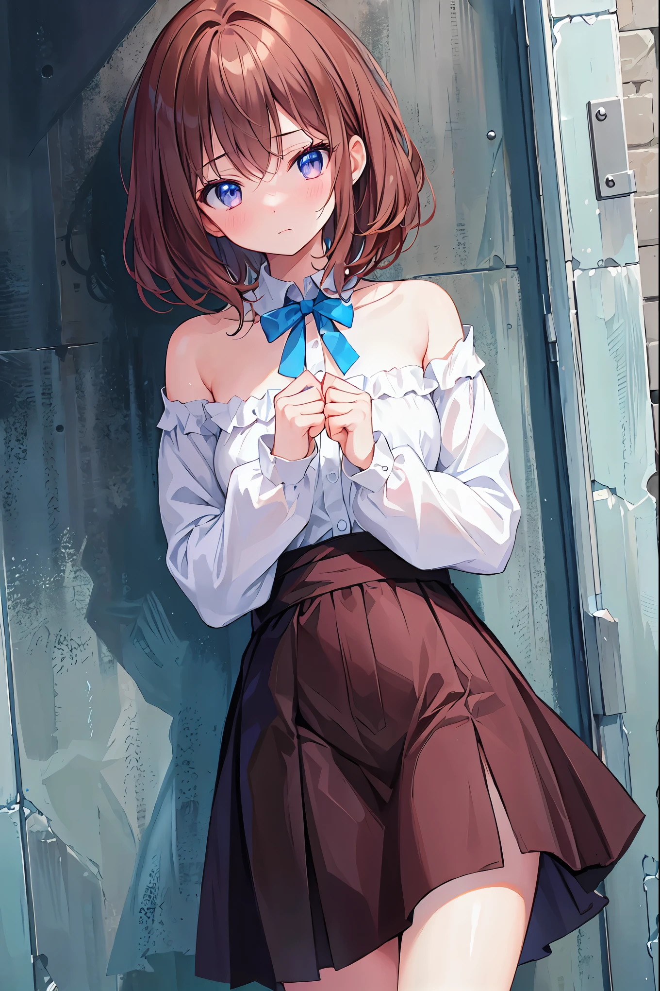 (masterpiece),Highest quality, Upper Body，Cowboy Shot，Bust Shot，Watching the audience，The ultimate beautiful girl，cute girl leaning on a wall, Embarrassing, blush, Intimate moments, cute, Cropped shirt, Looking down, High Angle, close, BREAK she is Embarrassing, she is blush, She is beautiful, cute imgae，Brown Hair，Shortcuts，Messy Hair，Slender beauty，Beautiful feet，Small chest，
