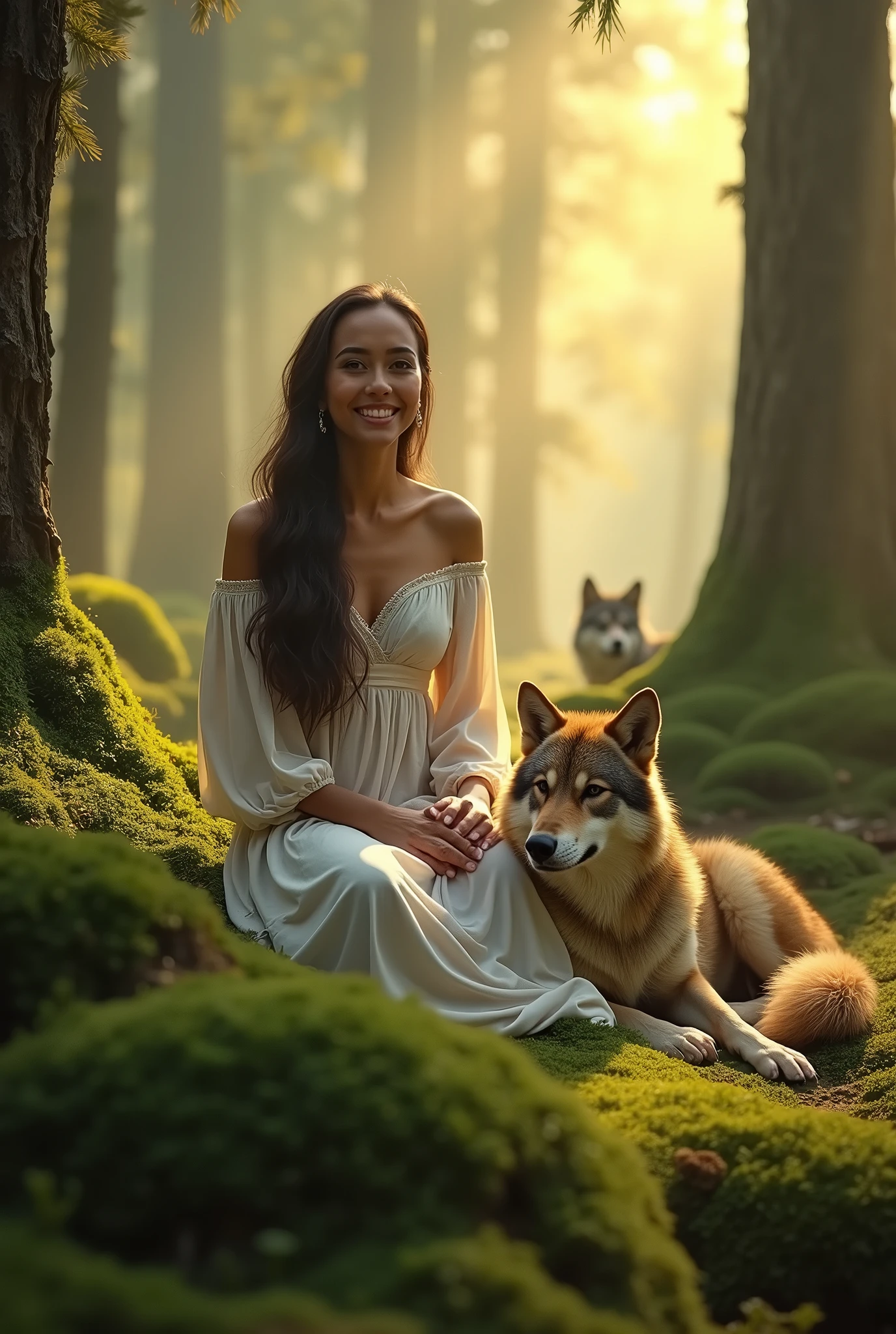 Un chef d'oeuvre, photographie réaliste, en extérieur, une femme arabe assise au milieu de la forêt avec un loup, un compagnon loup, de la tendresse, une fille-loup, des loups, son amie le loup, une douce lumière jaune, un brouillard dense,