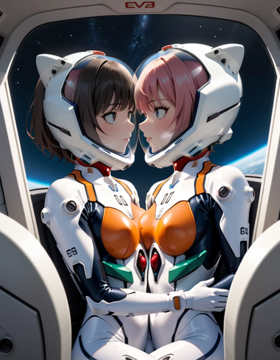 white bodysuit, plugsuit,evangelion,\ helmet, space helmet ,eva helmet,astronaut) brown hair, a pair of girls, very short hair, black hair, breast press, symmetrical docking, short hair, eye contact, looking at others, , upper body, face to face, ,(blushing), heavy breathing, sweat, woman , juice, completely , navel, buttocks, sitting, room, cocpit blushing, sweat, eye contact, space helmet, cockpit of a (futuristic spaceship:1.1), sitting in the captains chair, (intricate control panels:1.3), (gleaming metal:1.1), eva helm, spacesuit , astronaut), from above, pink hair, , space helmet,wearing a (spacesuit:1.15), white cargo pants, hovering, flying, moon surface, earth, floating pose, happy, smilebeautiful 8k wallpaper, highly advanced, (sleek design:1.3), intricate, highres, superb, 8k wallpaper, extremely detailed, intricate,(, cat ears, WHITE helmet, hug, smile,hugging, smiling, holding hands
