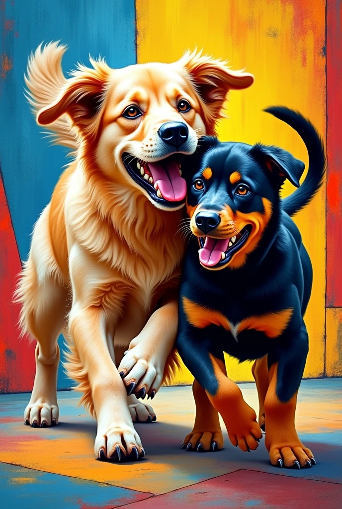 Cheerful golden retriever together with a rottwailer puppy with intense cubism style and various colors