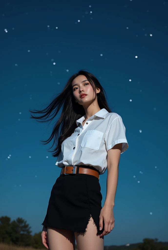 Korean super star woman, in Thai university uniform, black tight torn mini skirt, look at the star, starry sky, bright stars, standing, slim and perfect figure, medium breasts, emphasize on breasts and hip and bottoms and thigh, rule of thirds, white short-sleeve button up shirt, white sneakers, brown suede belt, silver box belt buckle, silver semi-sphere shirt buttons, black long straight messy hair, blow hair, beautiful face, dynamic compositions