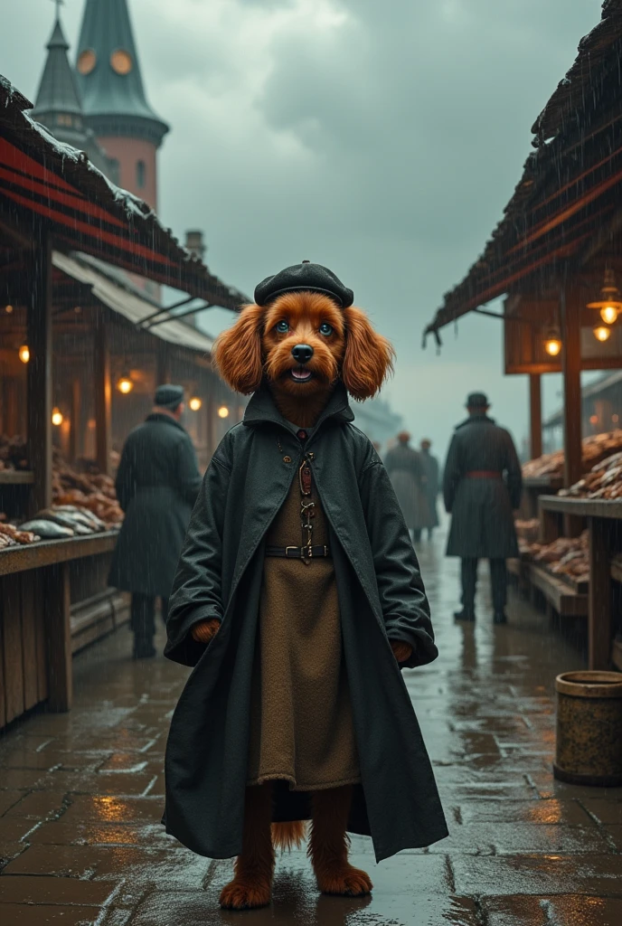 Stormy Weather at Landungsbrücken in Hamburg In a tumultuous storm at Landungsbrücken in Hamburg in 1880, a smiling and defiant coker dog, good-humored and having fun with a positive attitude, stands defiantly against the wind. He wears a dark waterproof cloak over a long earth-toned wool dress with a high waist and long sleeves. His honey-red hair is hidden under a sturdy cap, his tanned skin and ice-blue eyes visible despite the pouring rain. The market scene is dynamic and chaotic in the stormy weather. Wooden stalls, some partially collapsed, display wet fish such as herring, cod and mackerel, along with barrels of pickled fish and preserved meats. The cobbled streets are filled with puddles and debris and the surrounding buildings are bathed in the eerie light of storm clouds. Traders and customers are crowded under waterproof covers and sturdy awnings, adding to the frenetic atmosphere. Additional items and objects: Storm-damaged wooden crates Metal fish scales Rain-soaked tarps Wooden barrels of pickled fish Salted meat hanging on hooks Leather rain boots Weather-beaten umbrellas Soggy straw baskets Storm lanterns Iron cooking pots Mismatched pottery Freshly salted herring Wet burlap sacks Damp straw mats Creaking wooden carts Soggy wooden benches Metal fish scales Canvas awnings Iron hooks Wooden buckets Spilled grain Broken crates Pickled vegetables Boxes of salt Dirty fishing nets Fragrant herbs Fish dryers Iron cauldrons Tattered raincoats Heavy wool blankets Tattered market banners Worn leather aprons Rustic wooden signs Broken glass bottles Muddy boots Rusty nails Collapsed tents Metal fish barrels Old wooden shelves Lanterns broken Torn fishing nets Soaked hay Rusty iron tools Scattered newspapers Salted cod Wooden barrels of brine
INFORMATION
Invia commenti
Riquadri laterali
Cronologia
Salvate