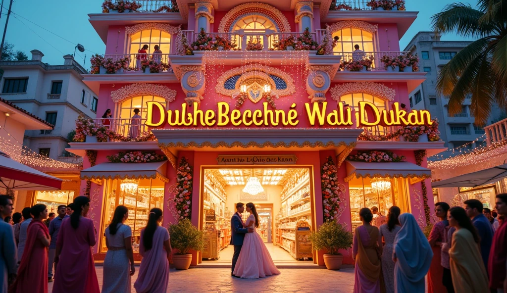 Entrance of the Store: A large, eye-catching sign outside a multistory building reads "Dulhe Bechne Wali Dukan" with an illustration of cheerful, cartoonish brides and grooms.