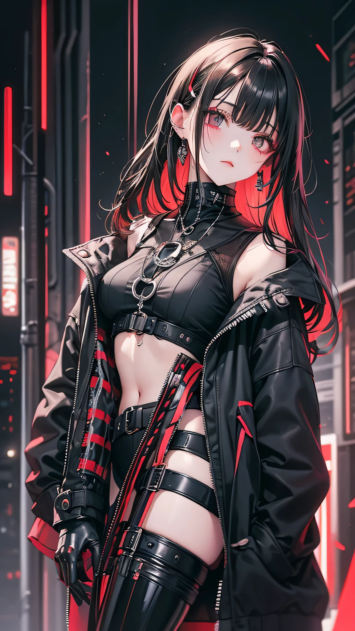 Beautiful girl,Mid-chest, Slender beauty,Wearing a sturdy jacket, Long Hair, Cyberpunk night scene with mechanical weapons, Cyberpunk Red Green Background