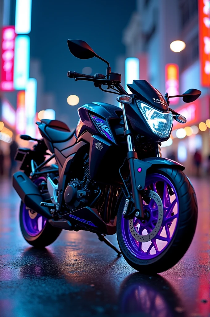 Honda cb125f with black frame, purple wheels and some blue detail all over the motorcycle 