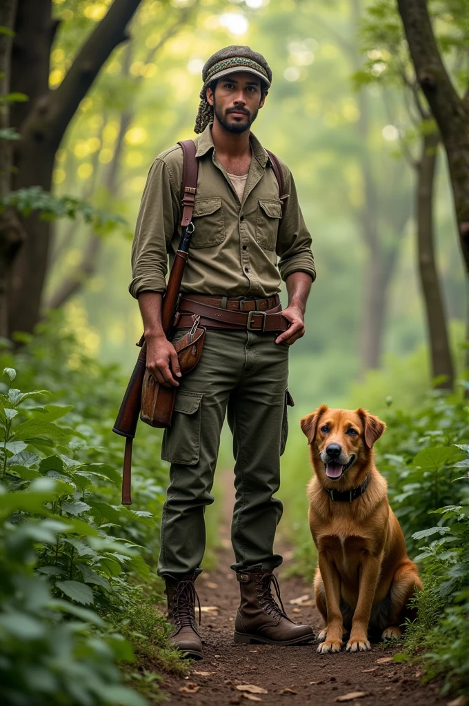 Man 25 years old adventurer close to nature Year 1920. Rifle slung over the shoulder. A dog next to him
