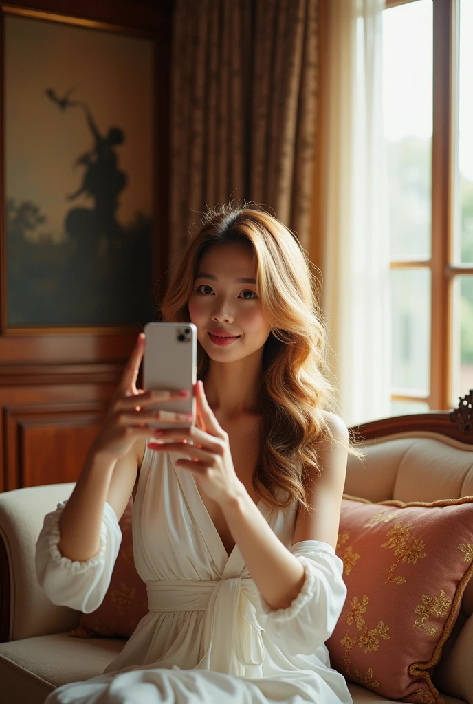 Realistic portrait of a Japanese woman,golden hair with waves, Wearing black lace underwear, sitting on a sofa in a beautifully decorated room,The rooms are equipped with wooden panels.,There is a large window in the background, The natural light accentuates her features., Structure of the film、taking a selfie with a camera。