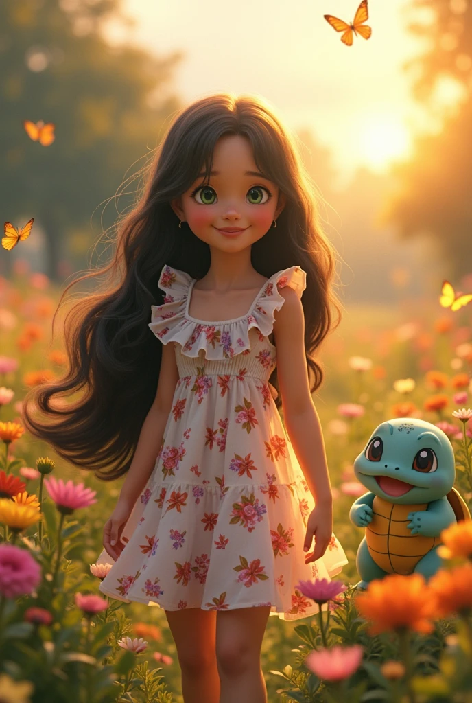 1girl, long black hair, green eyes, medium skin, smiling, wearing a floral summer dress, standing in a garden with flowers, butterflies, Pikachu, Bulbasaur, Charmander, and Squirtle, golden hour lighting, highly detailed, cinematic, photorealistic, 4K, HDR, (best quality, 4k, 8k, highres, masterpiece:1.2), ultra-detailed, (realistic, photorealistic, photo-realistic:1.37), beautiful detailed eyes, beautiful detailed lips, extremely detailed eyes and face, long eyelashes, naturalistic, vibrant colors, soft lighting, whimsical, magical realism