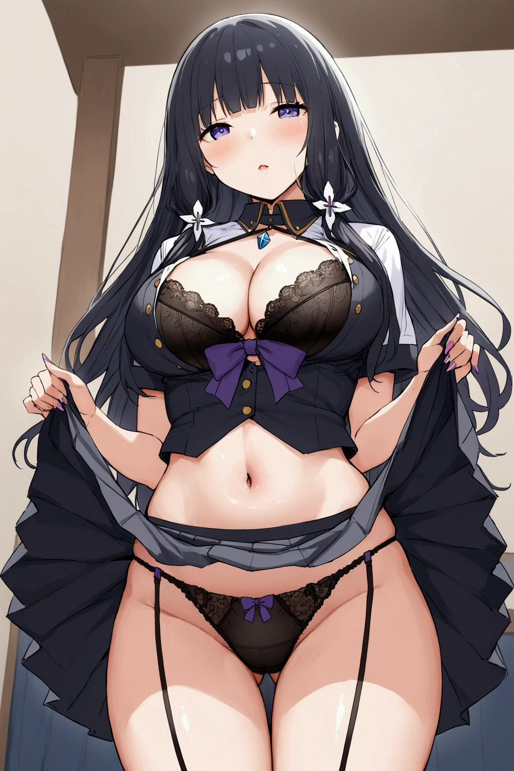 Highest quality、Pornographic images、cute、anime、high school girl、beautiful girl、Glowing Skin、room、Black underwear、Good lace、Bra with lace、Panties with lace、Thighs、綺麗なThighs、uniform、Tops are shirts only、The shirt is unbuttoned、Cleavage、belly button、Slim waist、Checkered mini skirt、Pull up your skirt