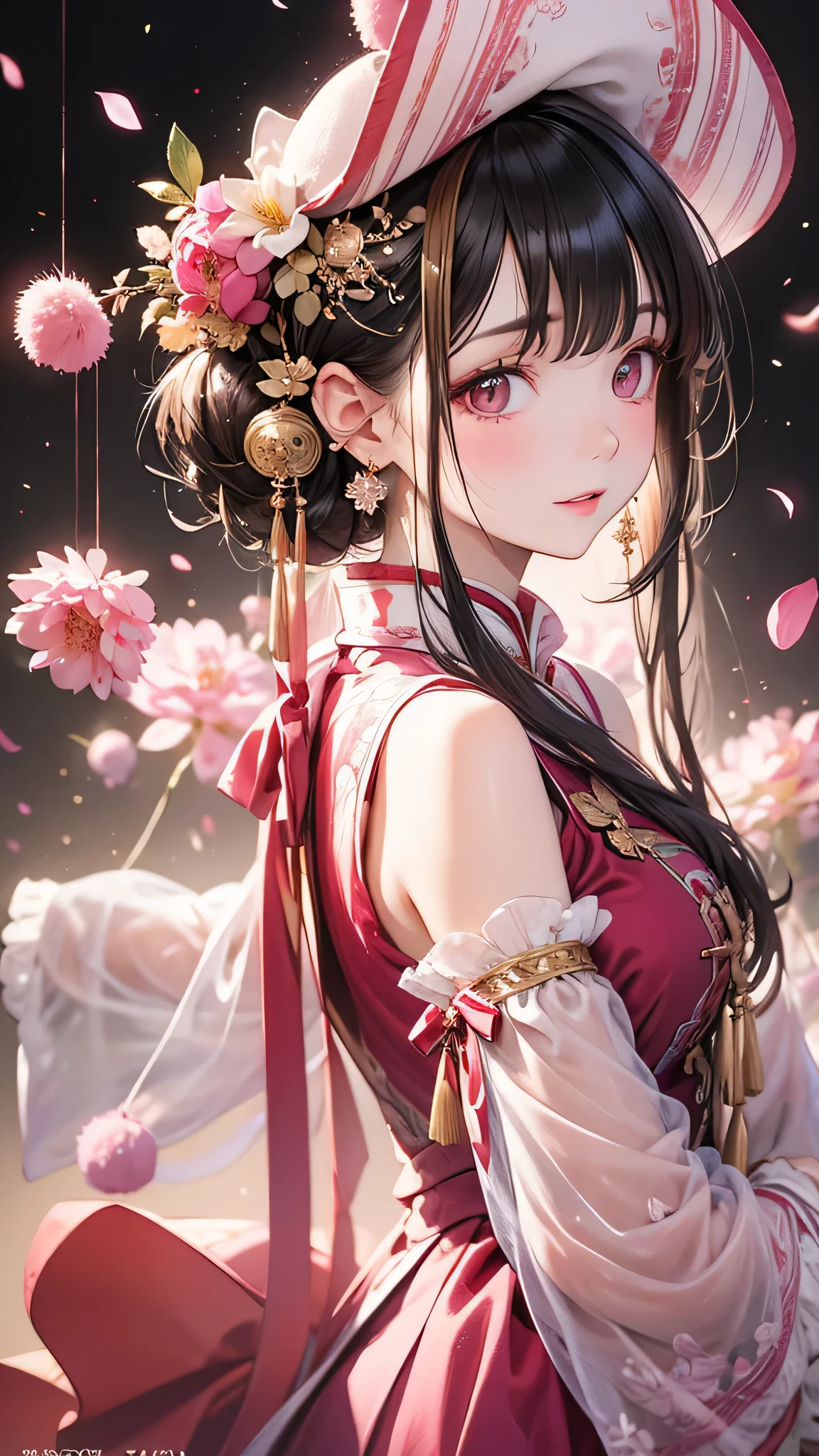 masterpiece, Highest quality, Waterfront, banquet, 1 female, Mature Woman, elegant, Chinese style, ancient China, younger sister, Royal younger sister, Happy, Meatball Head, Light brown hair, Pink Eyes, Gorgeous hat, Pale pink lips, Pink clothes, thread-like clothes, intellectual, Full Bang, Flat bangs, Flower Ball, Delicate face,Updo