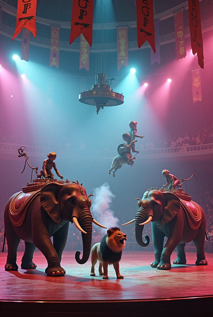 Surreal, steam-powered animals performing in a 1960s circus ring, surrounded by glowing neon patterns