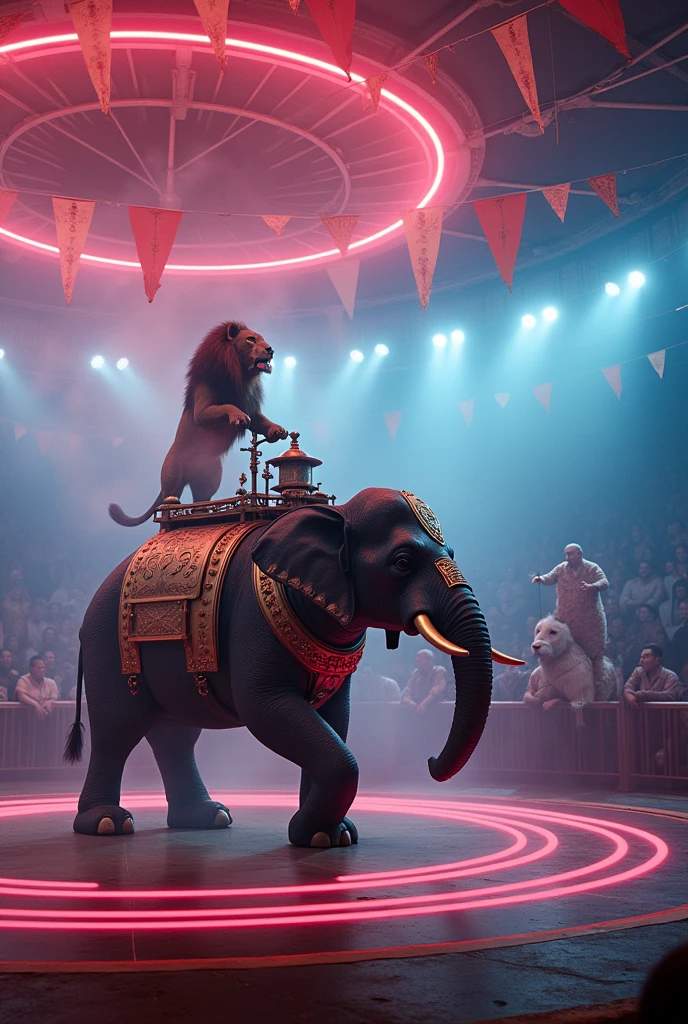 Surreal, steam-powered animals performing in a 1960s circus ring, surrounded by glowing neon patterns