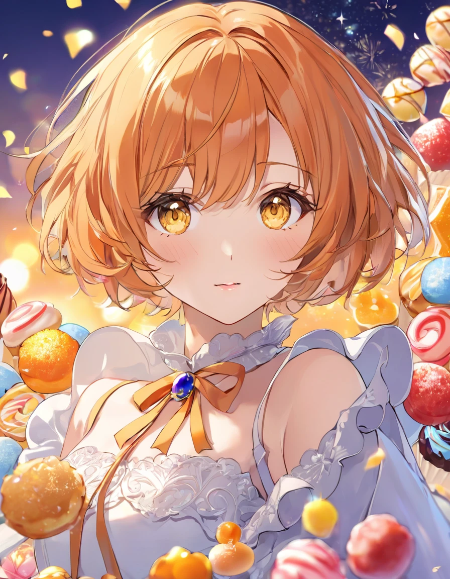 Beautiful adult woman in fancy clothes、((Orange short hair))(Yellow Eyes)、(Face close-up))、Sweets background