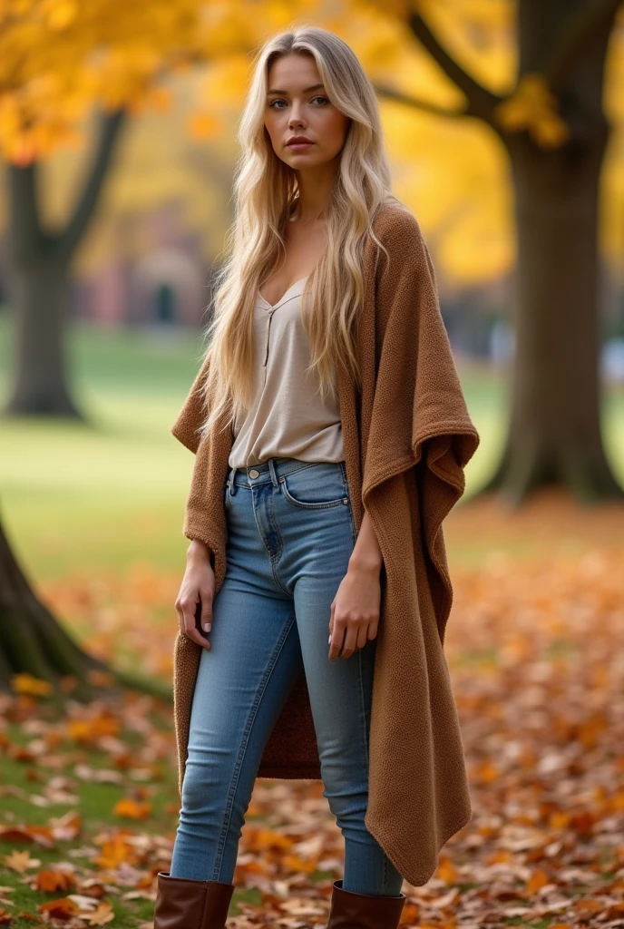 Create a realistic image of a 20 year old woman, Long blond hair, Blue eyes, cheekbones, ((full body)), dress with jeans, a brown colored poncho, brown colored boots, back image shot of a park in the fall season, head to toe, whole body
