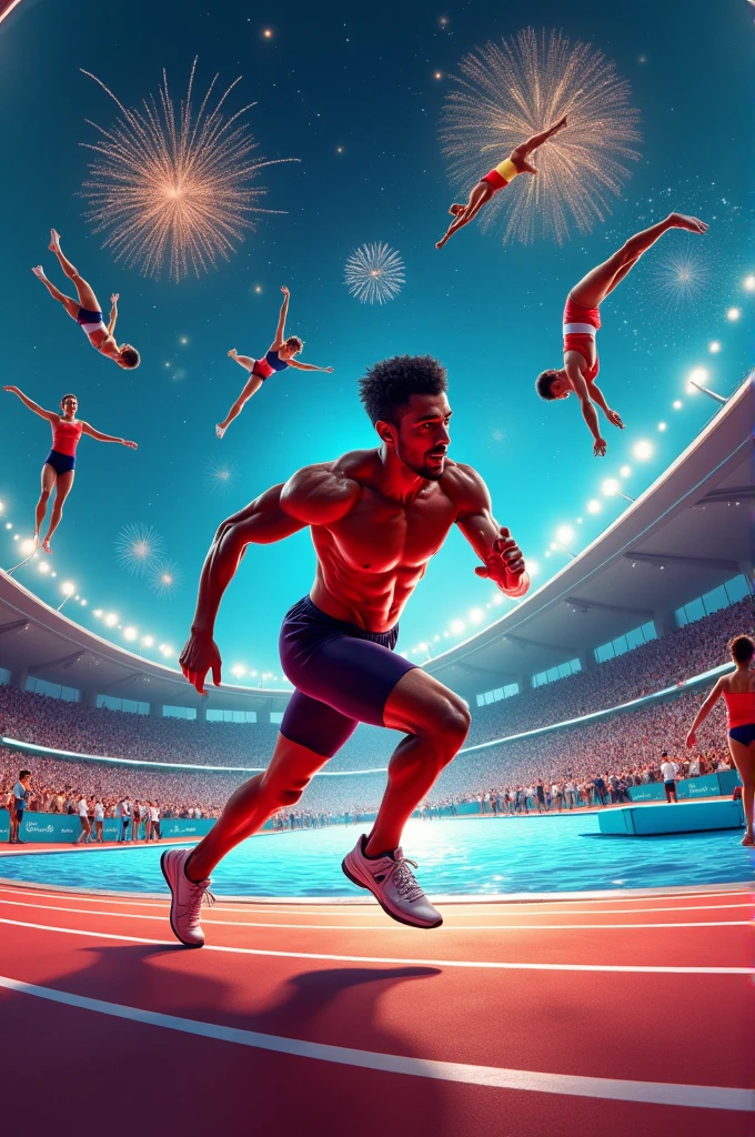 Create an image with physics formulas with the Olympic games
