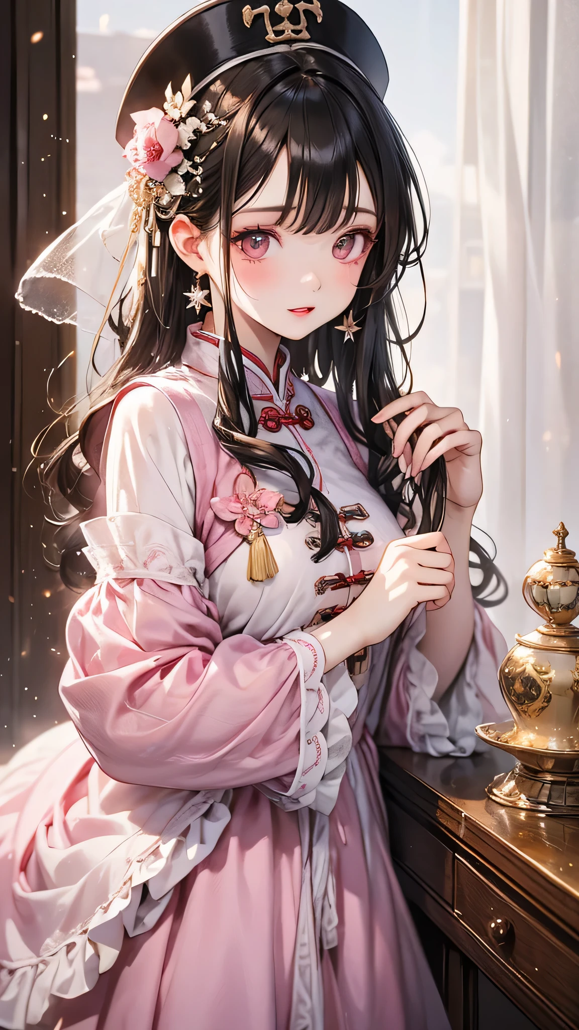 masterpiece, Highest quality, Waterfront, banquet, 1 female, Mature Woman, elegant, Chinese style, ancient China, younger sister, Royal younger sister, Happy, Meatball Head, Light brown hair, Pink Eyes, Gorgeous hat, Pale pink lips, Pink clothes, thread-like clothes, intellectual, Full Bang, Flat bangs, Flower Ball, Delicate face,Updo