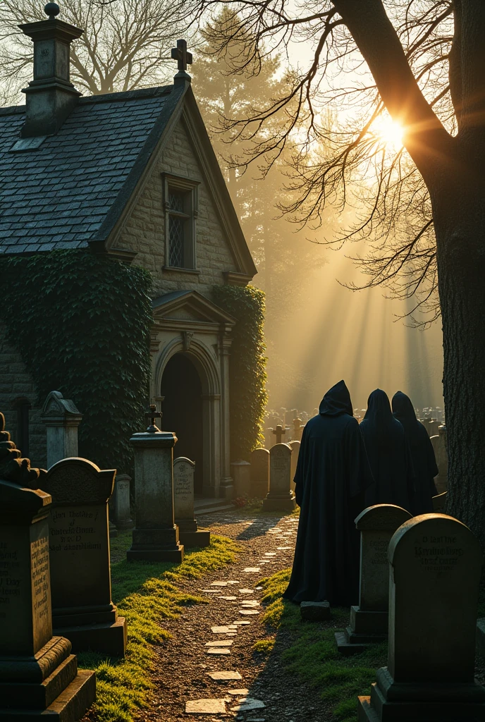 A burial next to a small chapel and tombs 