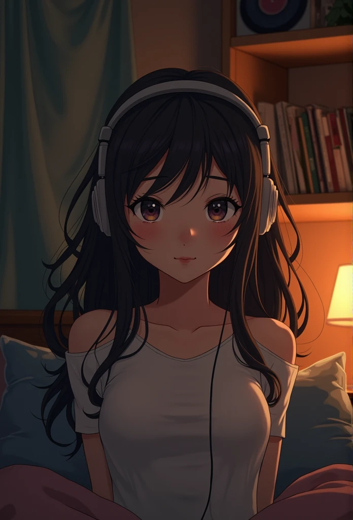 (Highest quality, 4K, masterpiece :1.3), Beautiful woman, One girl, (chest, Attractive body :1.2), Dark brown hair: 1.1, Highly detailed face, Detailed lips, Detailed eyes, double eyelid, night、Listen to music in a cozy room, Use headphones, 2Dスタイルanime, Lo-Fi, hard disk, Dark Environment,,anime,Makoto Shinkai style,