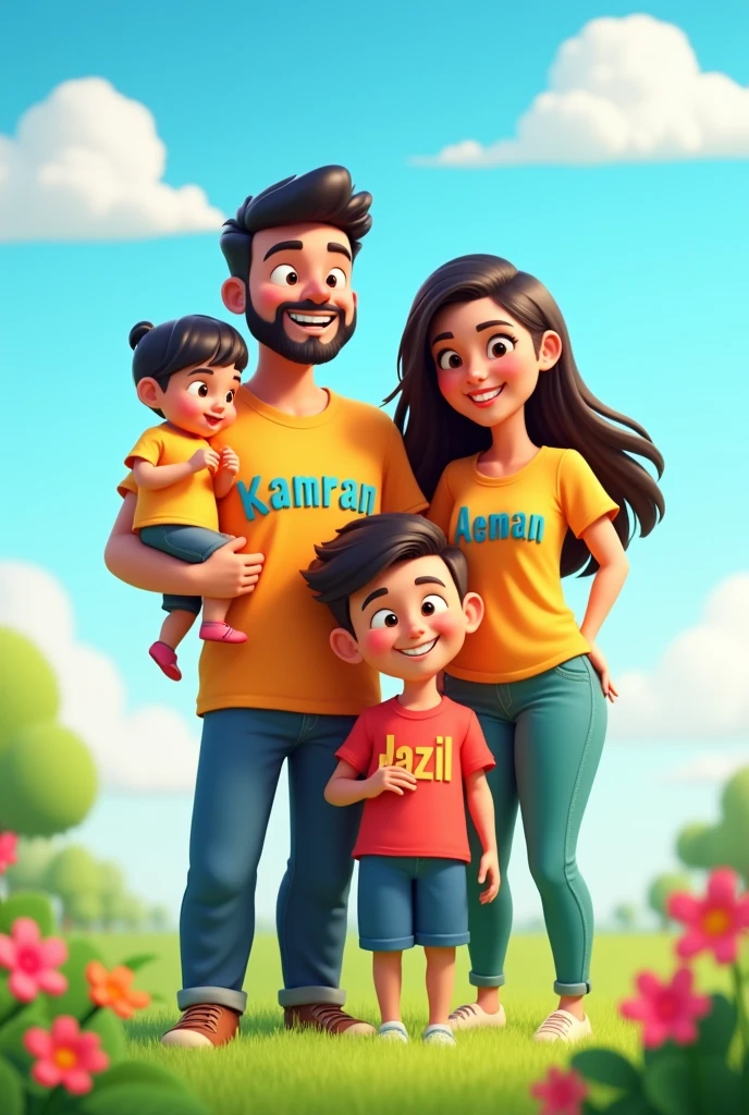  a man wearing shirt with name "Kamran" written on it and the man is holding his 4 months old baby wearing shirt with a name "Jazil"  written on it and a 4 year old boy standing with them and he is wearing shirt with a name "Azhan" written on it and  a women wearing shirt with a name "Aeman" written on shirt is standing with them  in cute 3d cartoon.