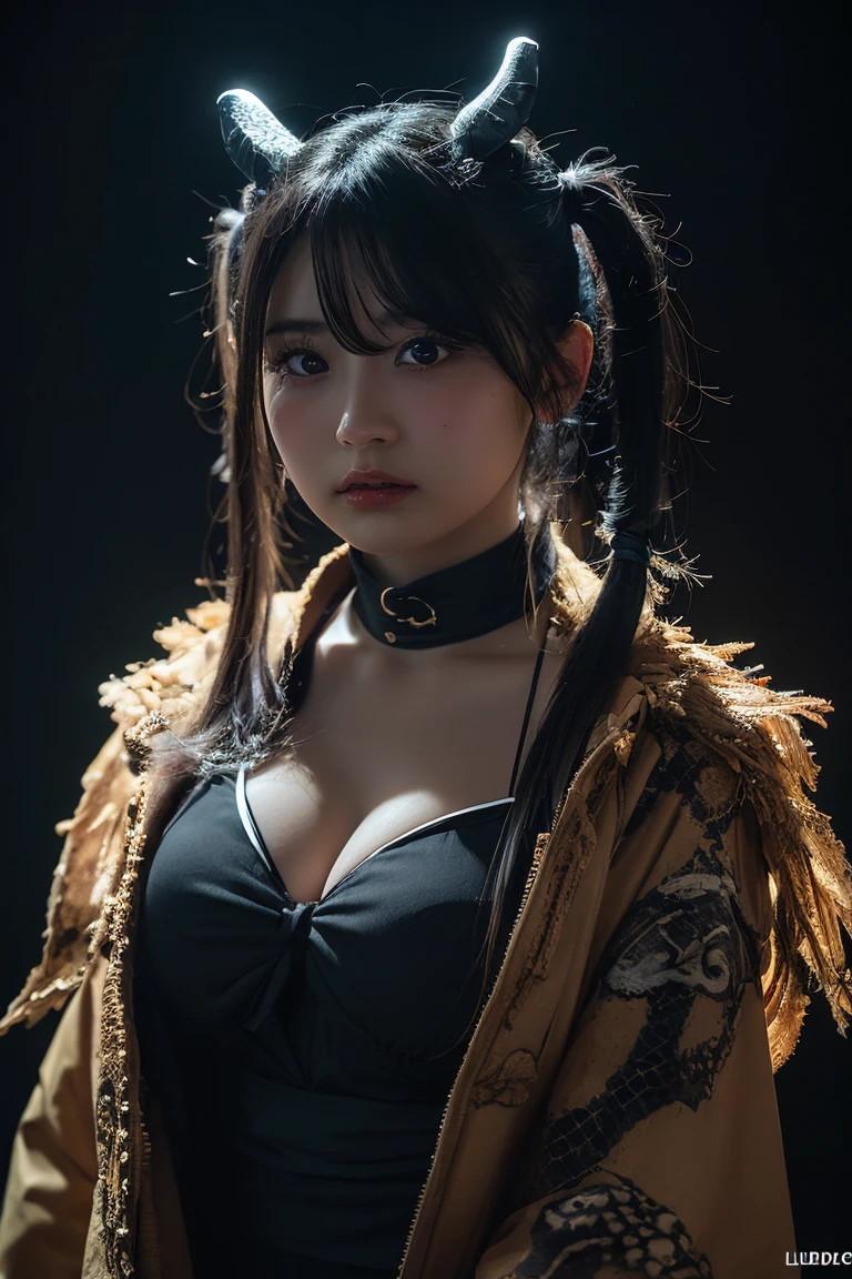 Create an image of a (((cosplayer girl))) embodying the essence of the night, with a pale complexion and black hair styled in a (((pigtails))), (((wearing a fantastical Jepara-inspired humanoid snake Dragon outfit))), illuminated by (((LED-lit strands))) with intricate designs, contrasting against a (((darkly lit, club-like backdrop))), evoking a sense of (dramatic lighting) that brings a ((( cinematic atmosphere)))