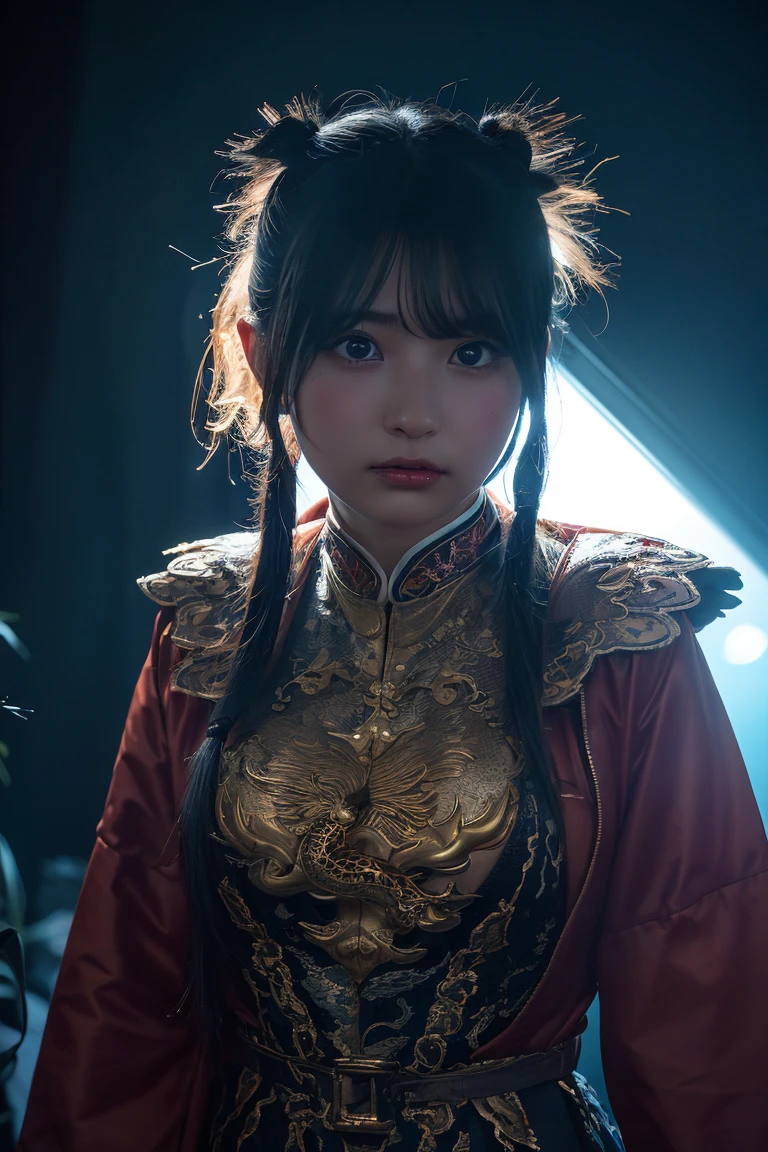 Create an image of a (((cosplayer girl))) embodying the essence of the night, with a pale complexion and black hair styled in a (((pigtails))), (((wearing a fantastical Jepara-inspired humanoid snake Dragon outfit))), illuminated by (((LED-lit strands))) with intricate designs, contrasting against a (((darkly lit, club-like backdrop))), evoking a sense of (dramatic lighting) that brings a ((( cinematic atmosphere)))