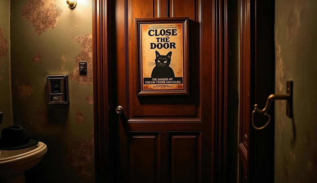 A Godfather style poster, on the door of a bathroom in a Sicilian mafia restaurant hanging from a nail on the door that says "Close the door" centered large and at the bottom "The danger of the mafioso cat". photo realistic style, 4k