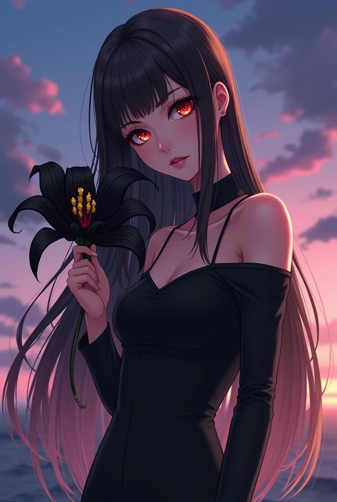 anime style,young adult woman, with the right eye red and the left eye yellow, narrow eyes, long hair and straight dark brown bangs, black elegant clothes.
She has an elegant pose and is holding a black lily flower..
Whole body.