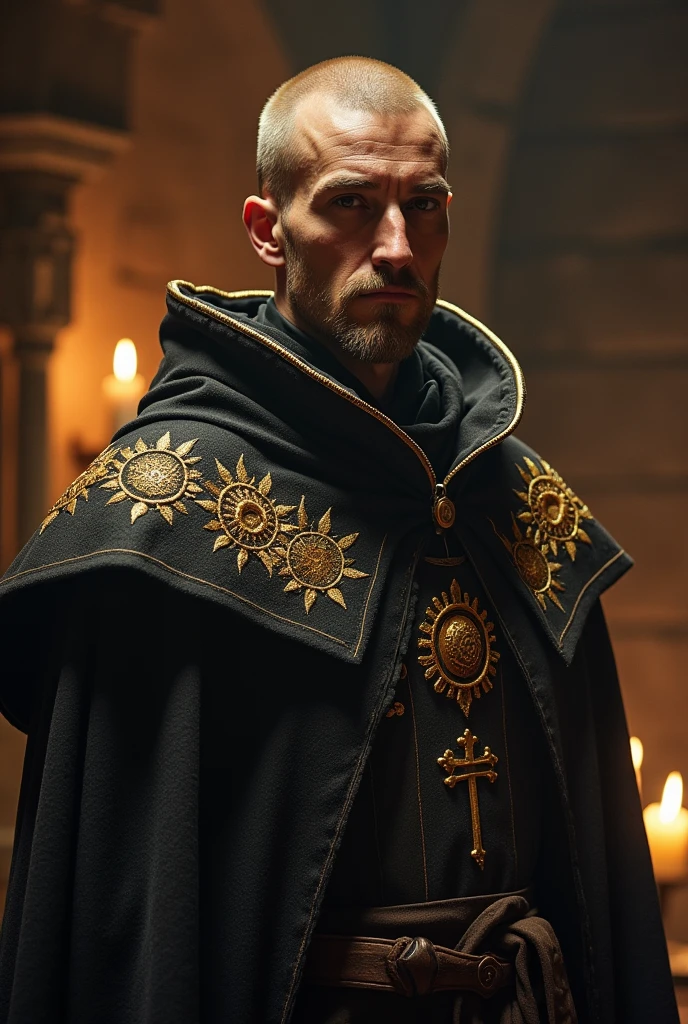 In Style of a character portrait of the Game of Thrones TV show: abbot of Praios (Sun God of the Dark Eye RPG) wearing a bearskin cloak, dark blonde hair with the top of the head clean shaven. Clean shaven, no beard, ascetic look, about 40 years with lines of sorrow on his brow. He is of average beauty and not especially good looking.