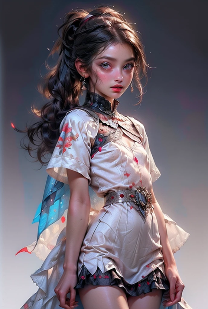 ((best quality)), ((masterpiece)), (detailed), perfect face (((masutepiece, of the highest quality, super detailed))), hand drawn style, hand painted style, watercolour, sketch, a knight, white background, plain background, Bloodborne inspired, tatty Bloodborne attire, occult aesthetic, occult, tatty red and white clothing detailed and intricate steampunk and detailed gothic lolita (with a hood), long coat, Complex laced boots, Fluttering lace flared long knee length dress with frilly petticoats, long dress, knee length dress, pleated petticoats, lolita dress, petticoats gothic lolita aesthetic, beautiful small breasts, (((flat chest:1.1))), (((( Highly detailed face))), small thin nose, Small thin lips mouth, (((Very sharp focused eyes))), Very large slit precision pale grey eyes that shine like jewels. (resolved expression), (resolute expression), ((dark hair)), ((long ponytail, thick ponytail, heavy ponytail)), very long eyelashes, white background, Very dramatic and cinematic lighting, tatty damaged old red and white clothing, full body, whole body, body, cosmic horror, grim dark, (NSFW)