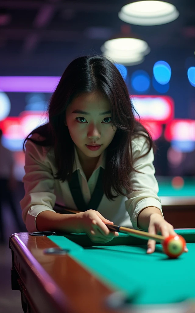 Women's Billiards，18-year-old Korean beauty，Fair skin，Charming，beauty，（Korean plastic surgery face）Focus，Bright Lights，Finals Background，Professional Arena，The generated photos are all of the same person