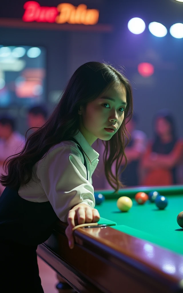 Women's Billiards，18-year-old Korean beauty，Fair skin，Charming，beauty，（Korean plastic surgery face）Focus，Bright Lights，Finals Background，Professional Arena，The generated photos are all of the same person
