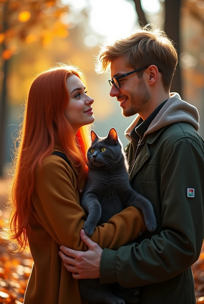 A ginger russian girl with green eyes holding dark grey cat named betty and in love with a tunisian medical student with glasses and short hair without a beard and light hair Couleur