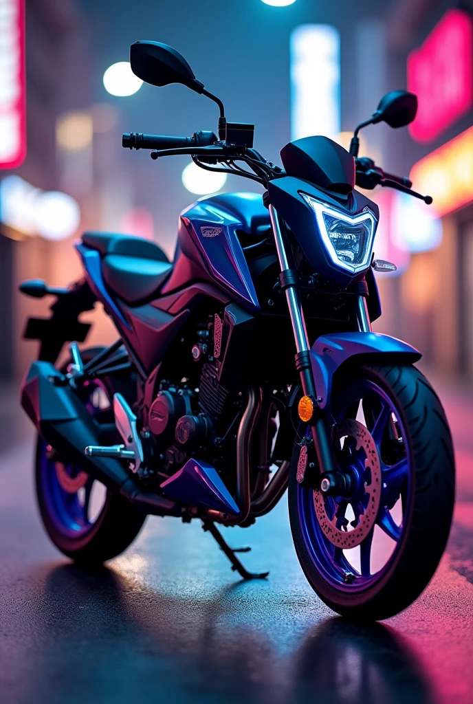 Honda cb125f with black frame, purple wheels and with blue detail all over the motorcycle 
