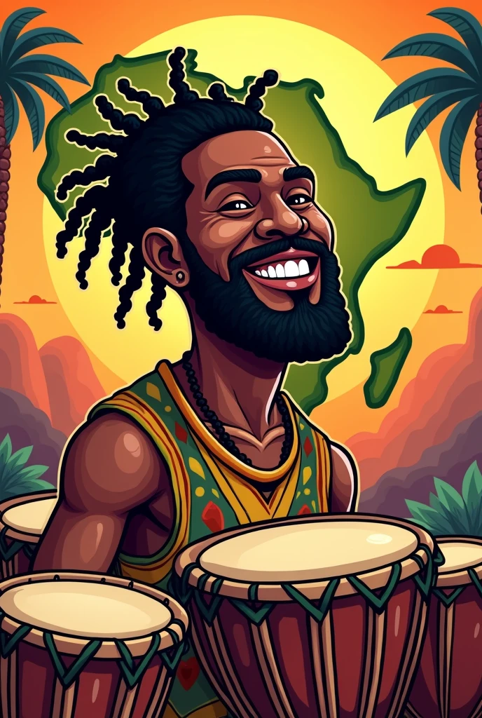 Peux tu me faire une affiche avec un homme africain pour des cours de percussion, j aimerai que fe soit en mode dessin animé avec la carte d afrique. Rajoute des tam-tam. Change la barbe et les cheveux de l homme
