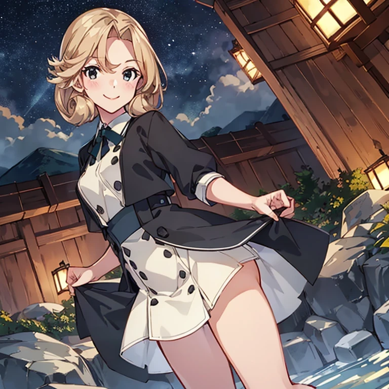 JanusKC, (Janus) dress
,(masterpiece:1.4),(best quality:1.4), (premium:1.4), (great illustration:1.4), (ultra-detailed:1.4),(art CG, 8K), KonishiCSA,1girl,solo,
 full body,Starry Sky,blush,smile,onsen,
