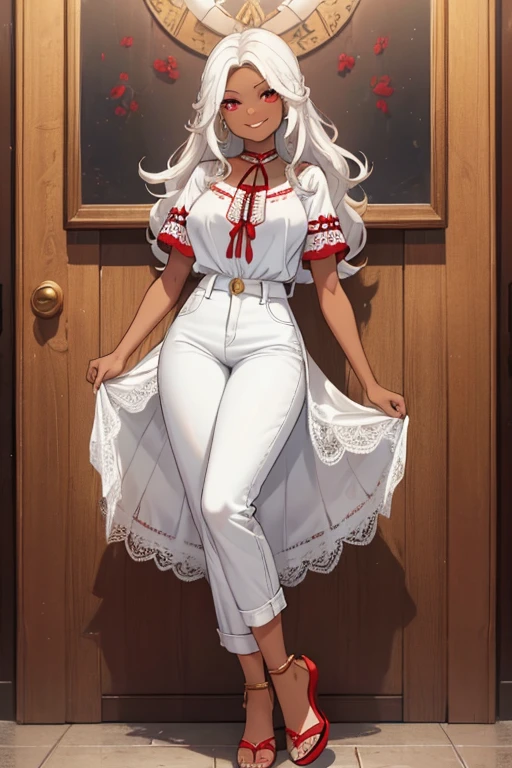 female, white long hair, red eyes, dark skin, (((1girl))), (((white short sleeve lace blouse))), (white denim pants), (gold low heel sandals), cute and sexy, full body, large breasts, long legs, smiling